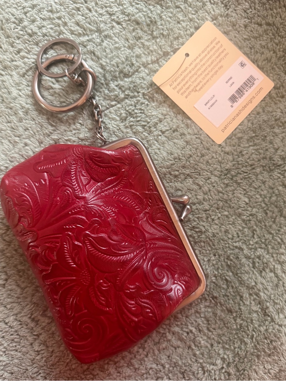 Patricia Nash Red Embossed Leather Key & Card Holder with Silver Hardware